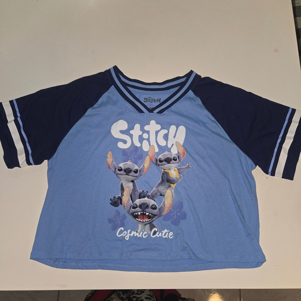 Disney Stitch Cosmic Cutie Raglan Graphic Crop Top Blue XXL 20 V-Neck Tee